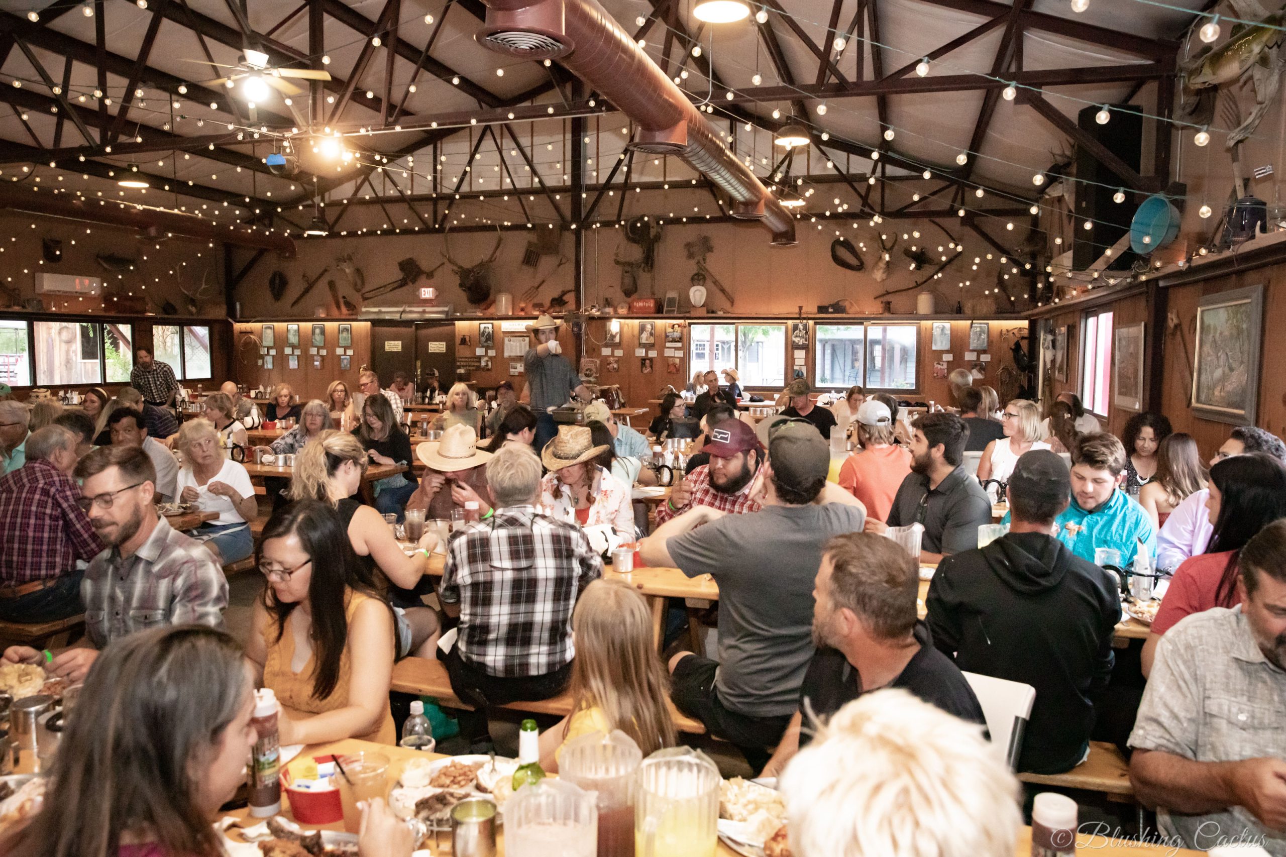 Large group of people dining together in a rustic, decorated hall.