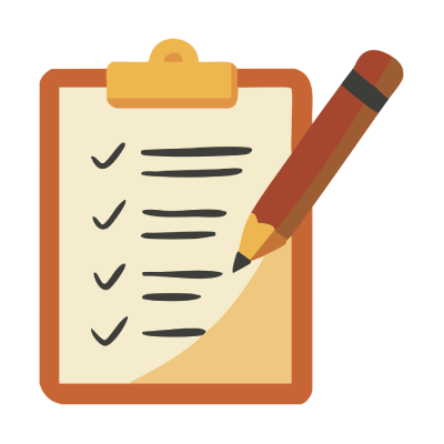 Clipboard with checklist and pencil icon.