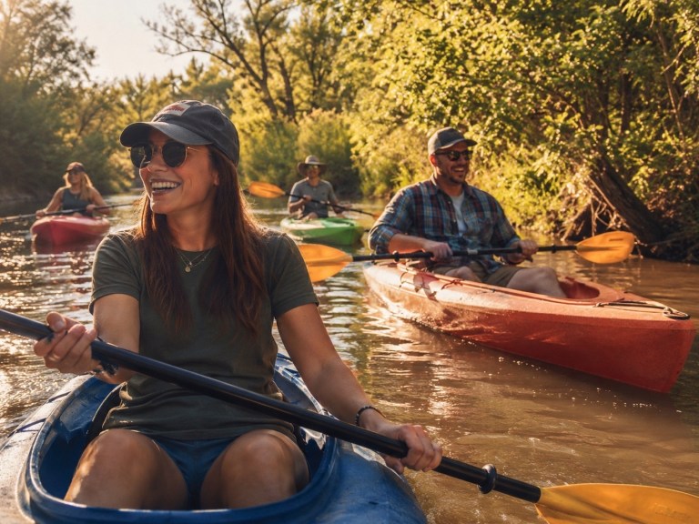 Group of people kayaking on a sunny day in a scenic river.