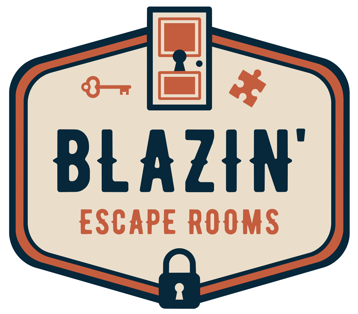 Blazin' Escape Rooms logo with key and puzzle piece symbols.