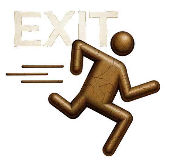 Bronze key and exit sign with running figure emoji.