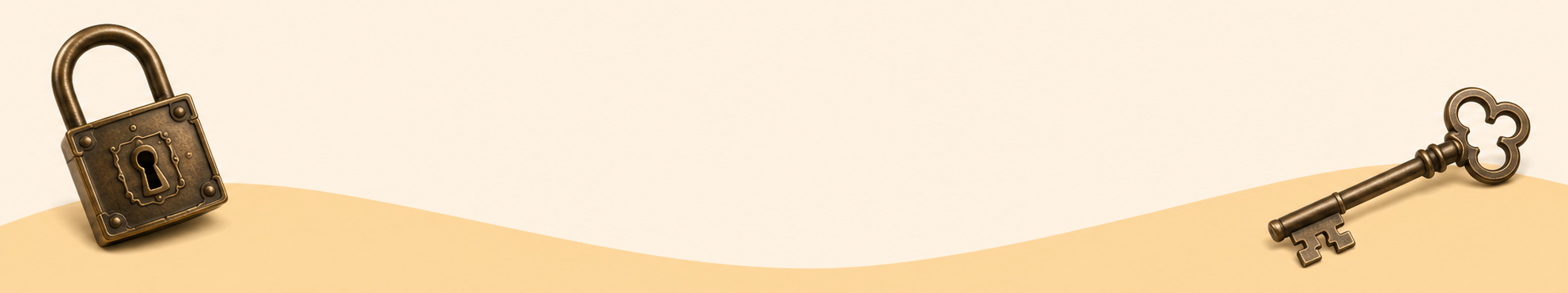 Old padlock and skeleton key on wavy beige background.