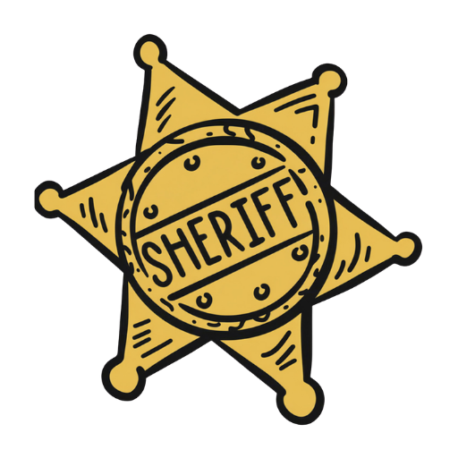 Illustration of a gold sheriff badge with six points.