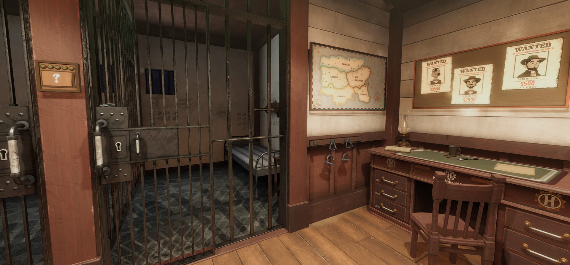 Old Western jail cell with iron bars, desk, maps, and wanted posters.