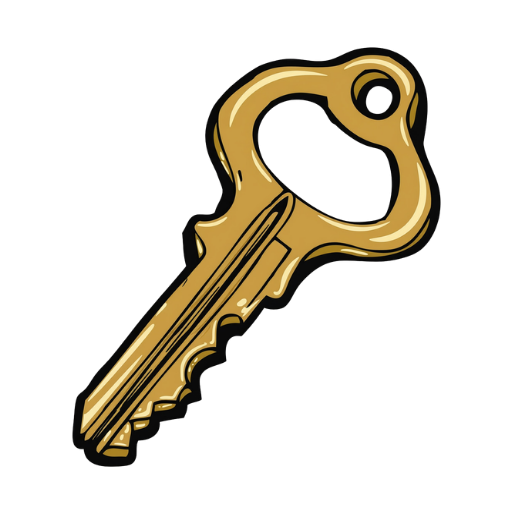 Illustration of a vintage brass key with a looped handle.
