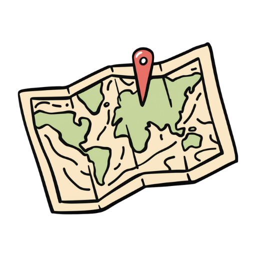 Illustration of a world map with a red location pin.