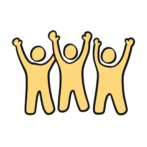 Three yellow stick figures with arms raised in celebration.