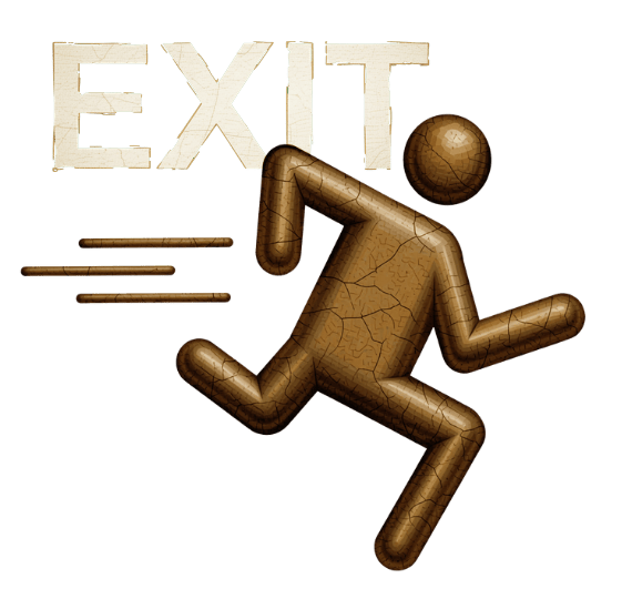 Bronze key and exit sign with running figure emoji.