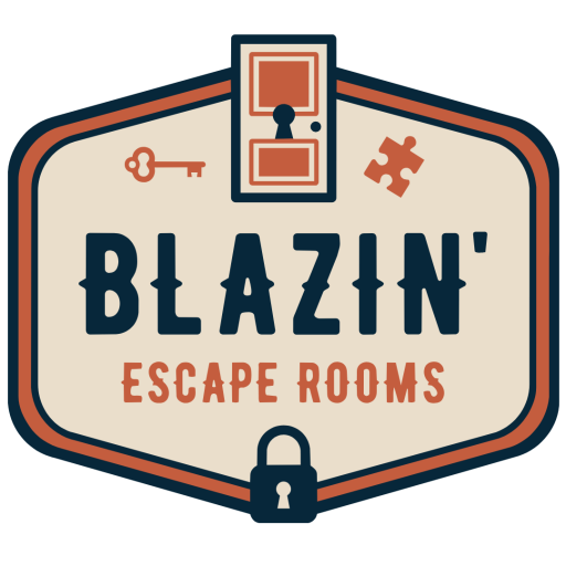 Blazin' Escape Rooms logo with key, puzzle, and lock icons.