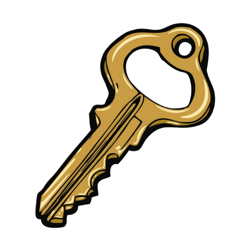 Illustration of a vintage brass key with a looped handle.