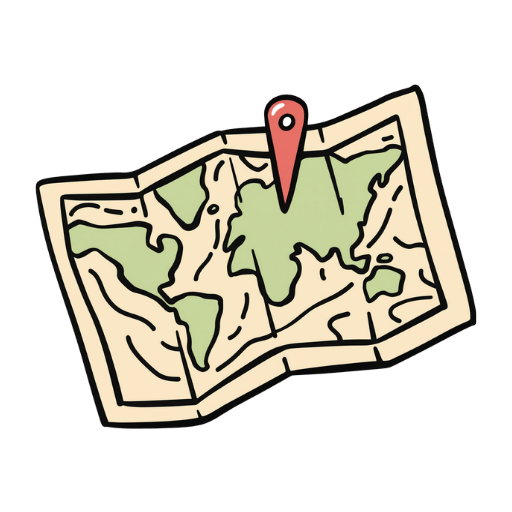 Illustration of a world map with a red location pin.
